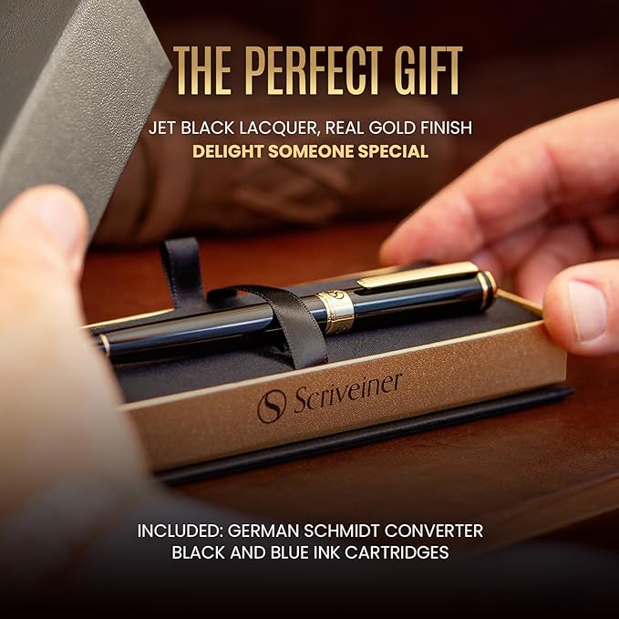 Scriveiner Luxury Fountain Pen - Stunning Black Lacquer Pen, Real Gold Finish, Schmidt Gilded Nib (Extra Fine), Converter, Best Pen Gift Set for Men & Women, Professional, Executive, Office, Nice Pens