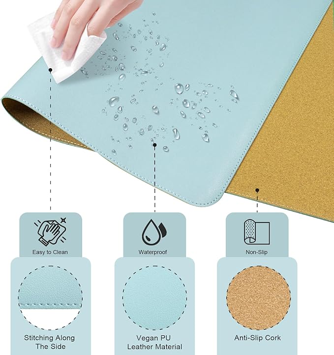 Dual-Sided Desk Pad, Natural Cork & PU Leather Mouse Pad for Desk, Desk Pad Protector, Non-Slip Desk Mat for Office and Home Work, (Light Blue, 23.6" x 13.7")