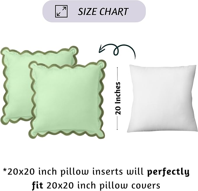 Folkulture Throw Pillow Covers 20x20 Set of 2 | Cotton, Boho, Cute Sage Green Pillow Covers for Couch | Aesthetic, Preppy Scalloped Pillow Cover for Sofa Living Room| Decorative Spring Pillow Cover