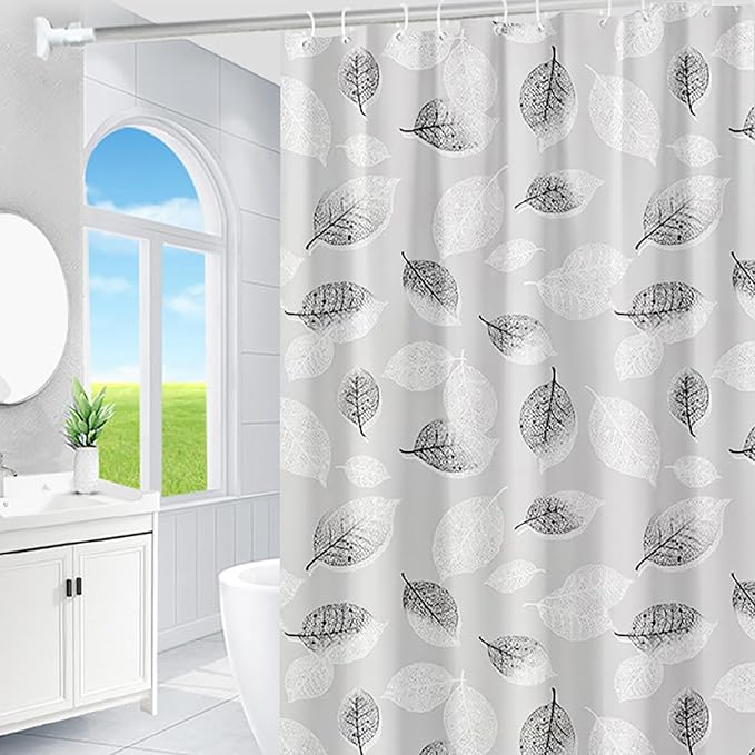 TIKABC Shower Curtain Liner, 4G PEVA Shower Liner, Plastic Waterproof Shower Curtains, with Grommet Holes and 3 Magnetic Weights(Black White Leaves)
