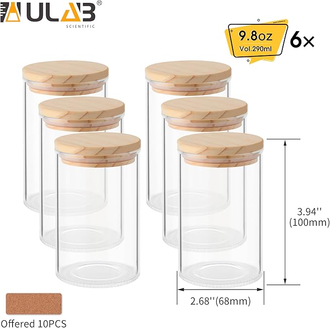 ULAB 3mm Thick Glass Food Container Set with Lid, 9.8 OZ Clear Storage Jar, Pack of 6, Glass Airtight Canisters set for Cookie, Candy, Coffee Beans, USJ1001