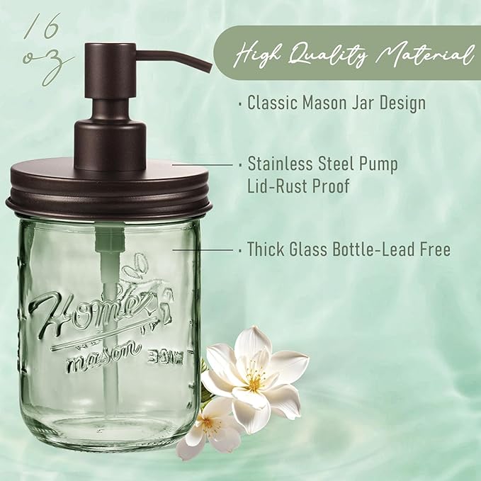 SheeChung 16Oz Mason Jar Green Glass Soap Dispenser, Stainless Steel Pump, Refillable Dish soap Dispenser for Kitchen, Bathroom Hand Soap Dispenser for Lotion, Liquid, Farmhouse Decor (Bronze, 2 Pack)