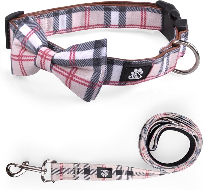 IVY&LANE Dog Collar with Bowtie and Leash Set | Plaid Adjustable Dog Collar | Detachable Bow Tie |5 FT Dog Leash | for Small Medium Large Dogs | Checkered Beige | Medium