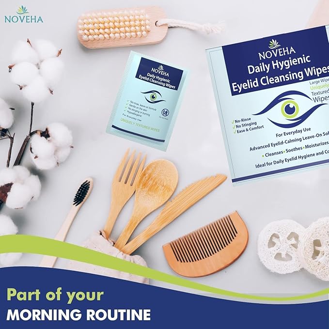 NOVEHA 180Pcs Daily Hygienic Eyelid & Lash Wipes | 120 Individually Wrapped Cleansing Eyelash Wipes - For Blepharitis & Itchy Eyes, Demodex and Natural Makeup Remover & Daily Cleanser (3 Pack)