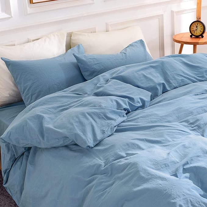 NEXHOME PRO Duvet Cover Set Kids Twin Size Linen Look Textured Organic Natural 100% Washed Cotton Duvet Cover Blue Bedding Set with Zipper Closure, Corner Ties, Breathable (No Comforter)
