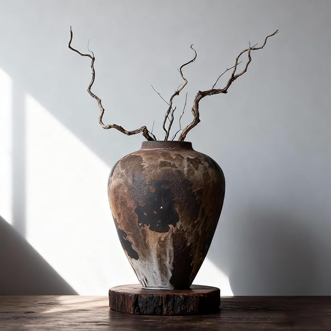 Wabi Sabi Vase 8.6in, Brown Ceramic Vase with Waterproof Coating, Rustic Ceramic Vase for Table Centerpiece, Entryway Shelf Decor, Rustic Farmhouse Pottery Vase