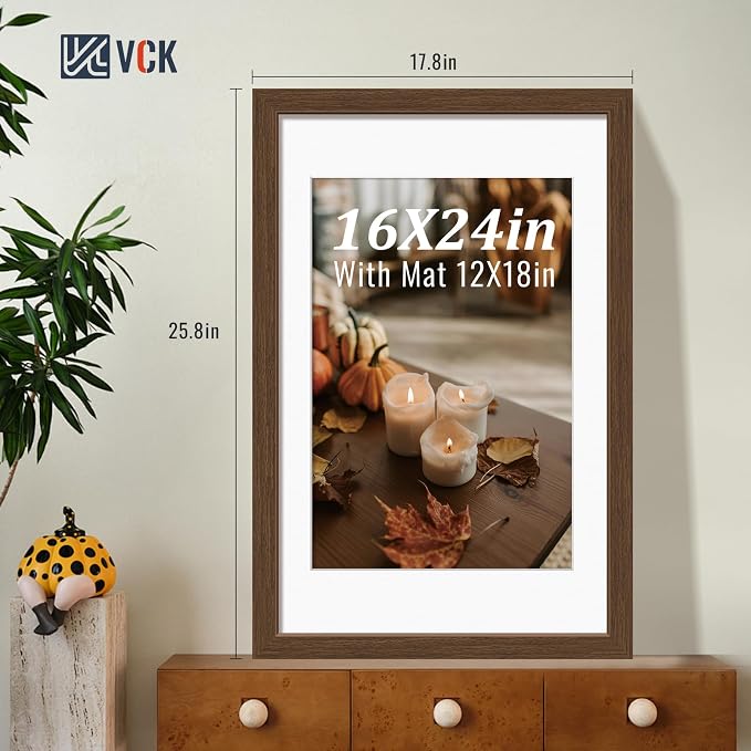 VCK 16x24 Picture Frames Brown 3 Pack, Wide Border Wood, Display 12x18 Photo with Mat or 16 x 24 without, for Home, Office, Gallery, Woodgrain Series, Wall Hanging