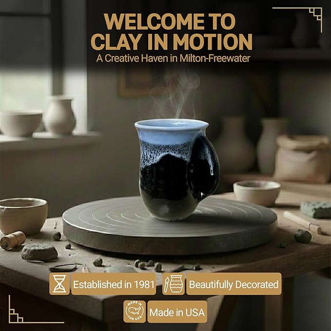 Clay in Motion Hand Warmer Coffee Mug – Handmade Coffee Mug With Comfortable Handle Contoured Pocket Hand Warming Ceramic Coffee Mug – Proudly Made in USA – Right Handed – 14 Oz - Lava Foam