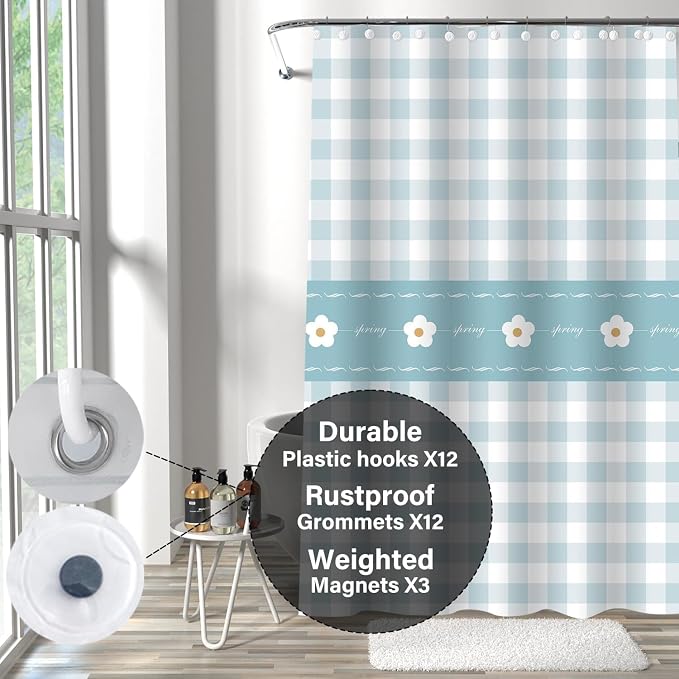 Plastic Shower Liner - Premium EVA 5G Shower Curtain Liner with Rustproof Grommets and 3 Weighted Magnets, Waterproof Shower Curtain for Bathroom(Checkered Flower, 72”*72”)