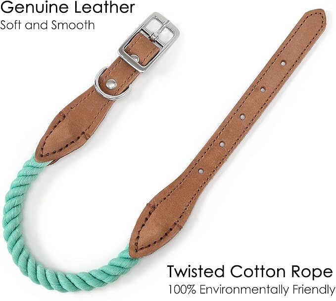 Mile High Life Genuine Leather Dog Collar, Durable Braided Cotton Rope Collar with Metal Pin Buckle for Small Medium Large Dogs (Green, S Neck 11"-15")