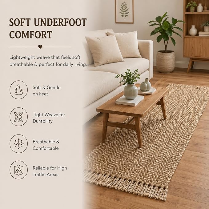 Chevron Weave with Fringes Woven Runner Rug 2x6 Feet - Beige, Boho Farmhouse Polyester Fibre Area Runners for Hallways, Kitchen, Living Room | Brown Reversible Corridor Space Large Floor Décor Mat