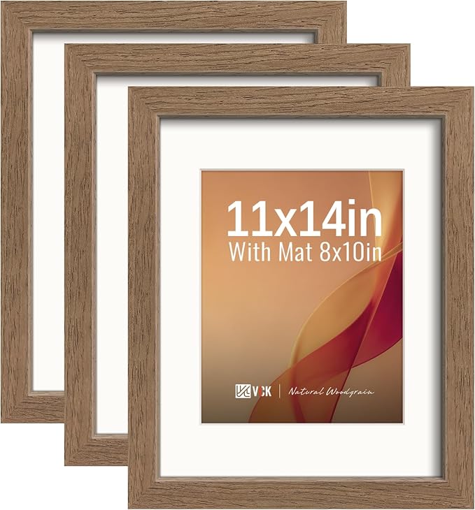 VCK 11x14 Picture Frames Walnut 3 Pack, Wide Border Wood, Tempered Glass, Display 8x10 Poster Photo with Mat or 11 x 14 Without, for Home, Office, Gallery, Woodgrain Series, Wall Hanging