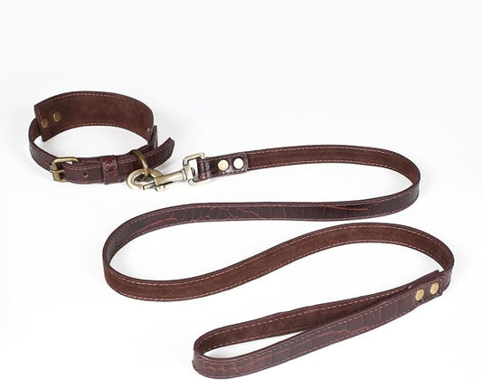 Lightnpro Genuine Leather Dog Collar & Leash Set - Adjustable 18" Collar with Metal Buckle & Reinforced Nylon Leash - Durable Walking & Training Gear for Large Breeds