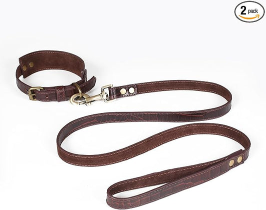 Lightnpro Genuine Leather Dog Collar & Leash Set - Adjustable 24" Collar with Metal Buckle + Durable Lead - Premium Walking & Training Gear for Large Breeds (German Shepherd, Bernese, St. Bernard)