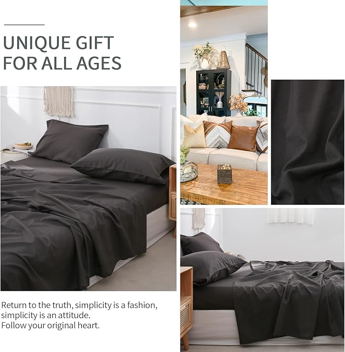 BISELINA Linen Sheet French Flax Flat Sheet Only 55% Euro Linen 45% Cotton Basic Style Solid Color Soft Breathable Farmhouse Top Sheet 1-Piece (Full, Dark Grey)