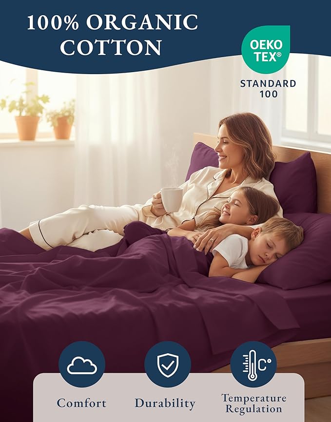 LANE LINEN Sustainably Produced 100% Organic Cotton Twin Bed Sheet Set, Soft & Breathable Naturally Cool Temperature Regulating Twin Sheet Set, Low Pilling Fade Resistant Bed Sheets- Windsor Wine