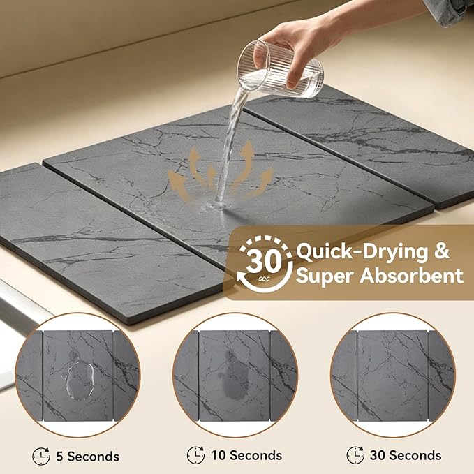 Large Stone Drying Mat for Kitchen Counter, Foldable Quick Dry Dish Drying Mat, 24"x16" Water Absorbent Diatomaceous Earth Mats for Bottles Cups Dishes, Modern Kitchen Essentials (Dark Gray)