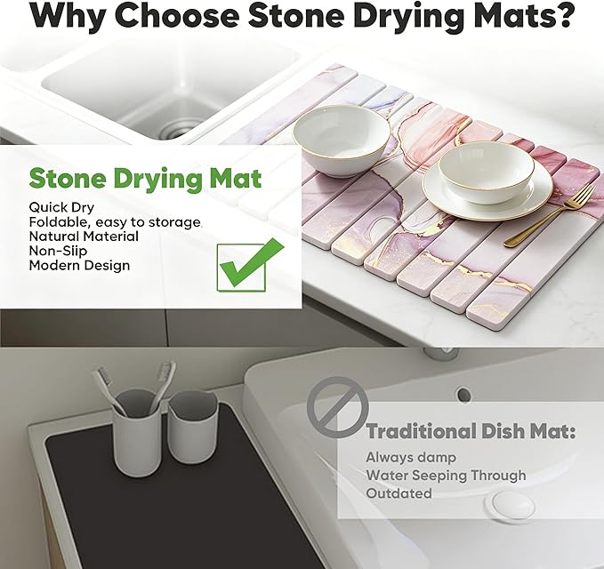 Stone Dish Drying Mat for Kitchen Counter - 24" x 16" Ultra Absorbent Diatomaceous Earth Mat, Foldable Fast Drying Countertop Protector, Non-Slip Eco-Friendly Stone Mat for Dishes