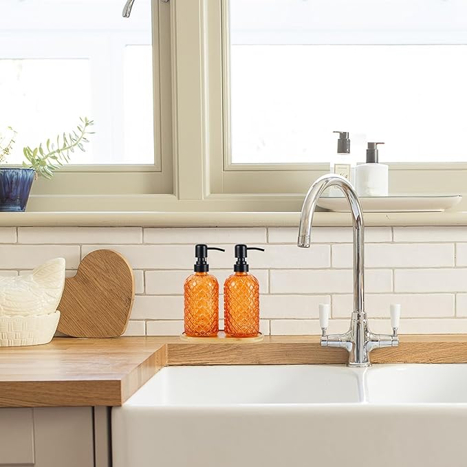12Oz Glass Soap Dispenser with 304 Black Rustproof Stainless-Steel Pump, Refillable Glass Soap Dispenser for Kitchen, Bathroom, Farmhouse (2pack& Tray)