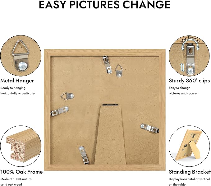 Hongkee 7x7 Oak Wood Picture Frame 1 Pack(Matted 5x5) with Real Glass Cover | Natural, 7 x 7 Solid Wood Frame for Wall or Tabletop Display - Includes Easel Back, Vertical Hang - Ideal for Home, Office