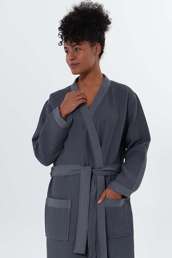 SEYANTE Women's Organic Cotton Waffle Kimono, Hooded Robe – GOTS Certified Lightweight Full-Length Spa Bathrobe with Piping