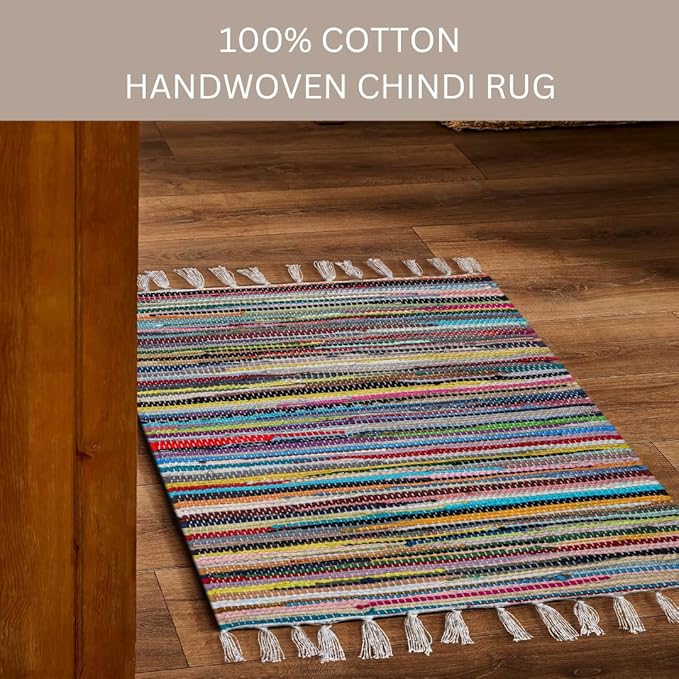 Cotton Chindi Rug - Boho Rustic Area Accent Throw Rug - Area Floor Carpet for Bedroom Living Room Kitchen Dorm Entryway Hallway - 20x32 inch Hand Woven Reversible Area Rug Multi Color