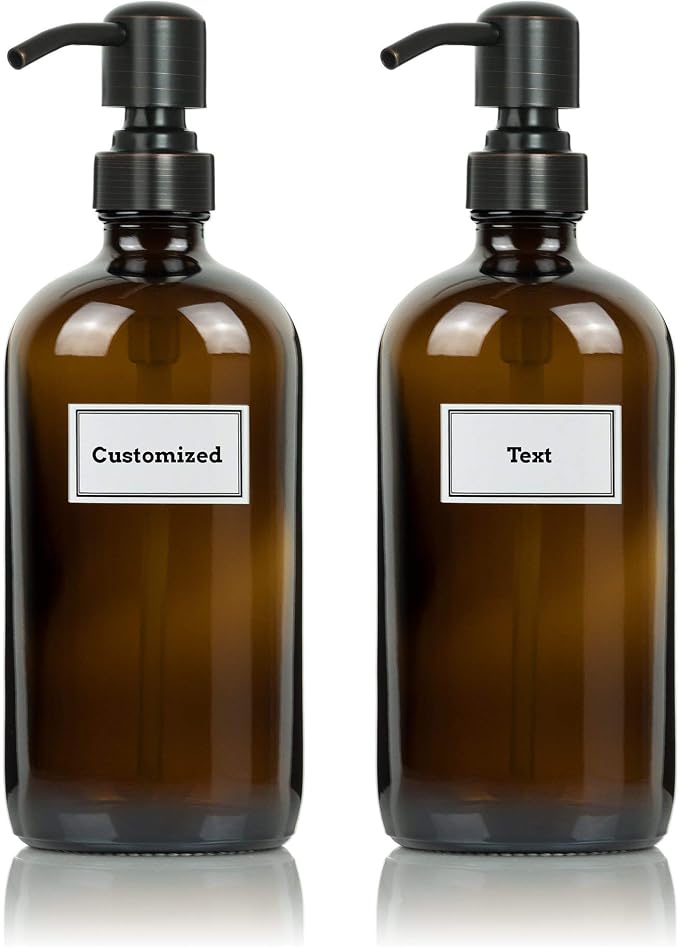 Glass Bottles With Oil Rubbed Bronze Pumps and Customized Waterproof Labels, 16 oz Boston Round, Amber