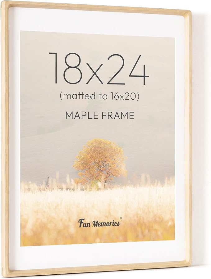 18 x 24 Poster Frame, USA-Sourced Maple Wood Picture Frame with HD Tempered Glass, Handcrafted Rounded Corner 18x24 Wooden Frame Matted to 16x20 Photos, Horizontal or Vertical Wall Display