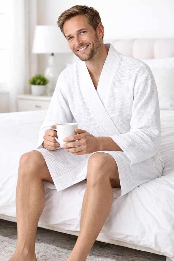 Turkish Linen Men’s Waffle Bathrobe Lightweight Kimono Spa Robe – Quick Dry Bath & Shower Robe for Men with Pockets