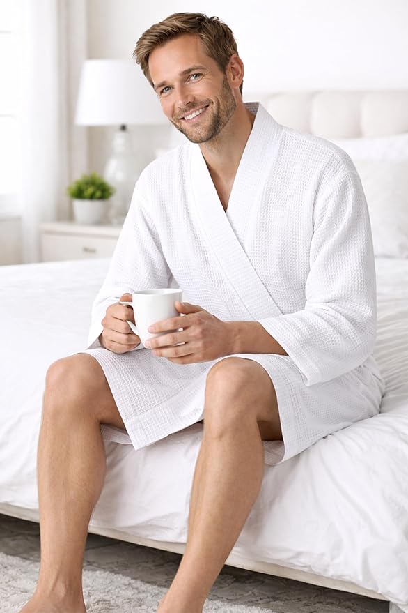 Turkish Linen Men’s Waffle Bathrobe Lightweight Kimono Spa Robe – Quick Dry Bath & Shower Robe for Men with Pockets