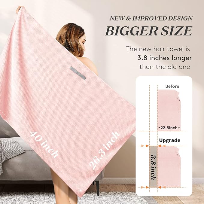 YFONG Large Hair Towel Wrap for Women, Super Absorbent Microfiber Hair Towel for Curly Hair, Fast Drying Hair Turbans with Elastic,Hair Drying Towel Wrap for Hair Care 26.3" X 40" (Pink)