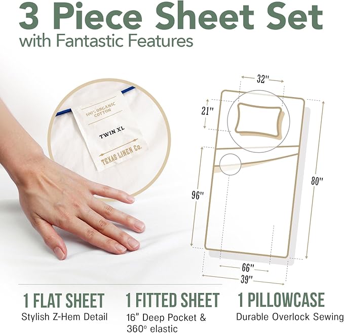 TEXAS LINEN CO. 100% Organic Cotton Percale Sheets Twin XL Size - 16" Deep Pocket Twin XL Percale Sheet Set, Crisp, Cooling, Dorm Room Sheets Twin XL (3 Piece, Ivory)