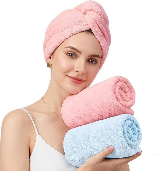 Mandydov 100% Cotton Hair Towel Wrap for Women, 2 Pack Thickened & Super Absorbent Turbans, Anti Frizz Quick Dry Hair Towels (Blue, Pink Blush)