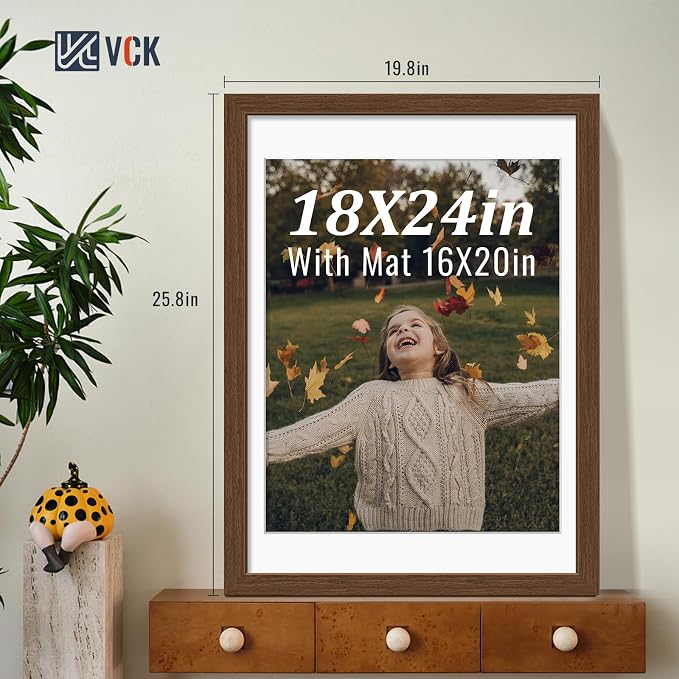 VCK 18x24 Frames Brown 3 Pack, Wide Border Wood, Display 16x20 Picture Photo with Mat or 18 x 24 without, for Home, Office, Gallery, Woodgrain Series, Wall Hanging