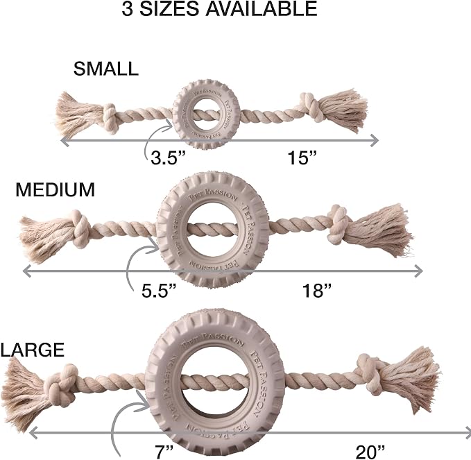 Pet Passion Natural Rubber Tire and Organic Cotton Rope Pull and Chew Dog Toy for All Pet Breeds, Almond Milk, Large