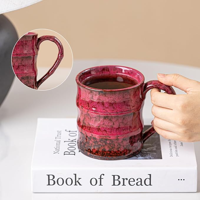 Rustic Red Ceramic Coffee Mug 15oz – Handcrafted Unique Gift for Coffee Lovers, Comfortable Large Handle, Dishwasher Safe
