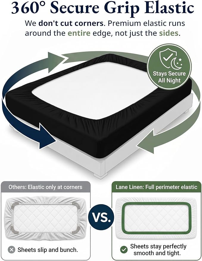 LANE LINEN 100% Organic Cotton Fitted Sheet Queen (+Pillowcases) 3-Piece Set Soft & Comfy Hotel Style Percale Weave Sustainably Produced Queen Size only 15" Deep - Black Fitted Sheet