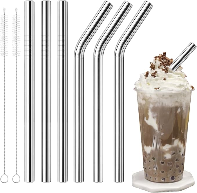 6 Pcs Reusable Metal Straws, 8.5” x 0.47” Extra Wide Metal Straws Reusable Stainless Steel Straws with 2 Cleaning Brush, Metal Milkshake Straw for Smoothies Bubble Beverage, Smoothies Straws