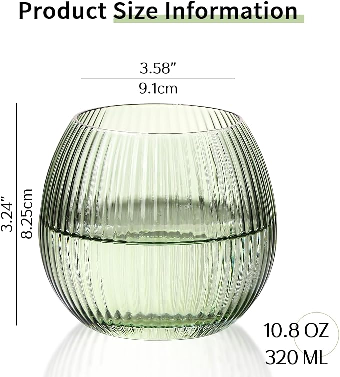 JOVGANK Green Ribbed Drinking Glasses Set of 6-10.8 OZ Stemless Wine Champagne Whiskey Cocktail Glass, Reusable Wine Cups for Home Party Wedding Bar