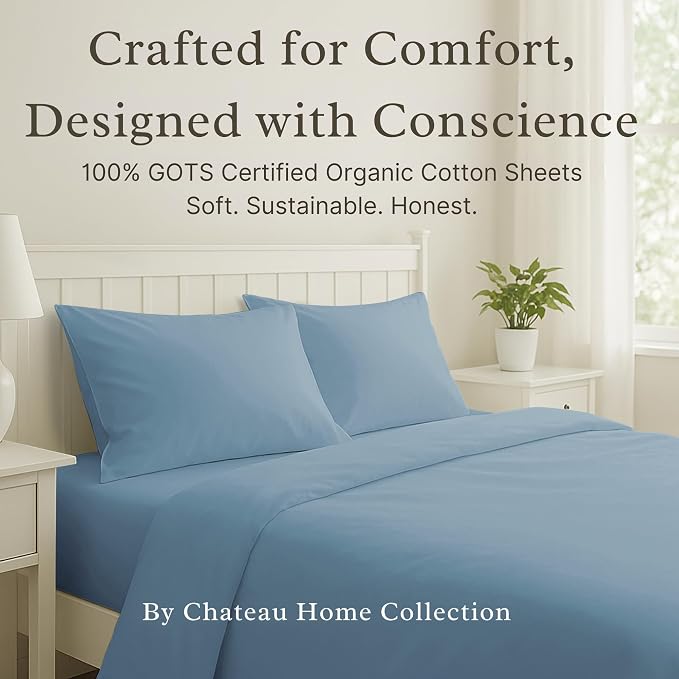 CHATEAU HOME COLLECTION King Size Sheets Set – 100% Organic Cotton King Bed Sheets, Deep Pocket Fitted Sheet, Cooling & Breathable, Sateen Weave, French Blue, Fits Upto 17" Mattress