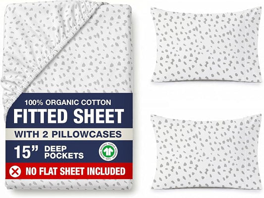 LANE LINEN King Fitted Sheet & Pillowcase (No Flat Sheet) - 100% Organic Cotton Soft & Breathable Percale Weave Set - Hotel Quality Crispness for Added Comfort - GOTS Certified - Grey Dot White