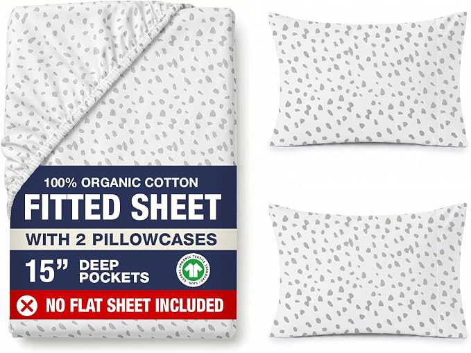 LANE LINEN Queen Fitted Sheet, 100% Organic Cotton Fitted Bed Sheets, 3 Pc Set(1 Fitted Sheet,2 Pillowcases) Percale Weave, Breathable, Fits Mattress Upto 15" Deep - White(Grey Dot)(No Flat Sheet)