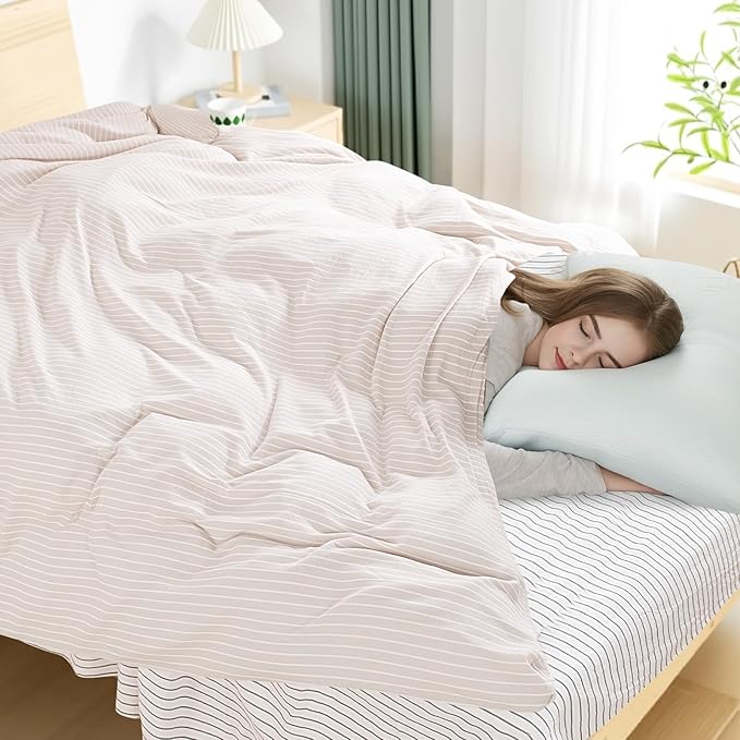NEXHOME PRO Striped Duvet Cover Twin Size,100% Washed Cotton Bedding Set,Textured Linen Feel,Breathable,Organic,2 Piece(White Stripes 68x90)
