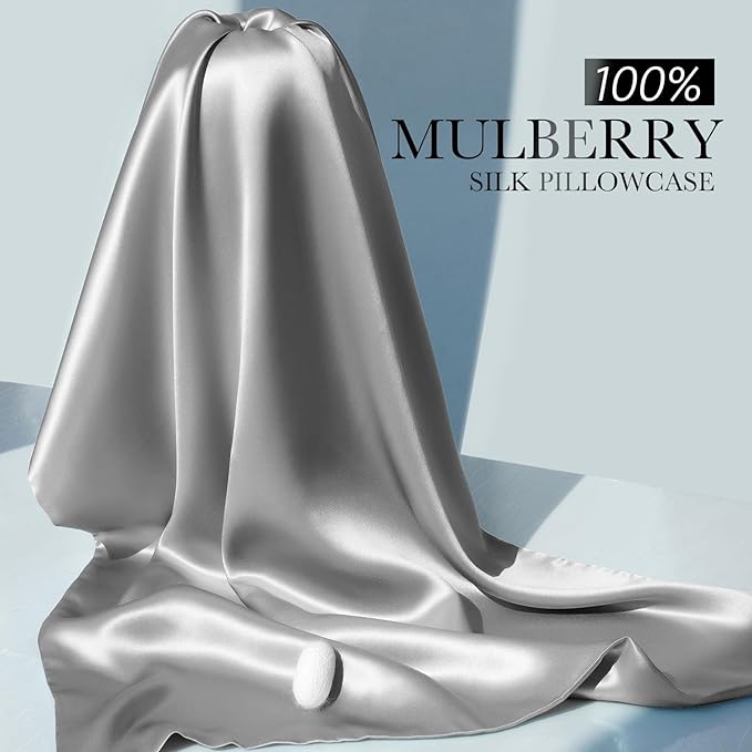 100% Mulberry Silk Pillowcase for Hair and Skin, 22 Momme Pure Natural Silk Pillow Case Both Sided with Zipper, Pillow Cover for Women Mom Men (Silver Grey, King 20''×36'', 1 Pack)
