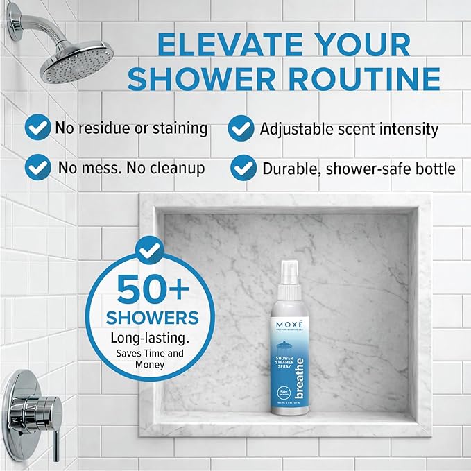 MOXĒ Shower Steamer Spray Breathe Essential Oil Shower Spray – Relaxing Aromatherapy Mist for Home Spa Experience – Pure Plant Based Fragrance for Daily Routine – 1 Pack, 2oz