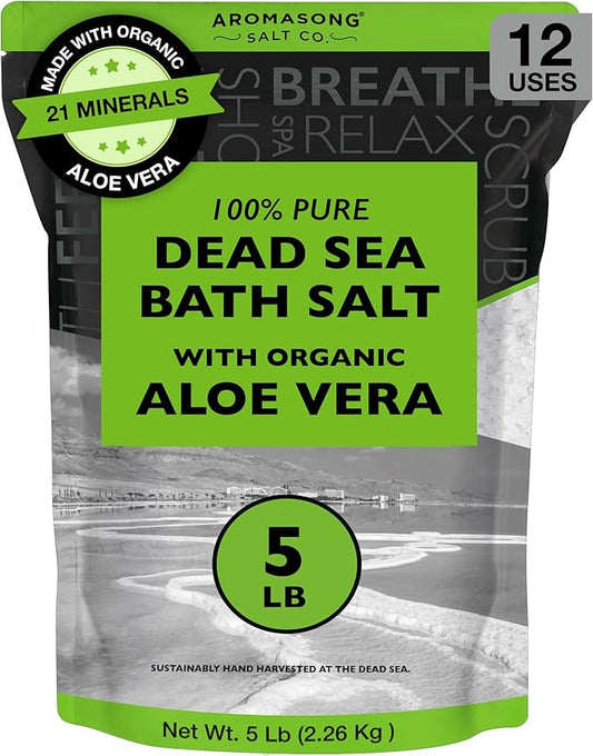 Aromasong Dead Sea Salt with Organic Aloe Vera, Spa Bath Salts, 5 Lbs Fine Bulk resealable Pack, 100% Pure & Natural, Soak for Women & Men for Tired Muscles & Skin Issues (Packaging May Vary)
