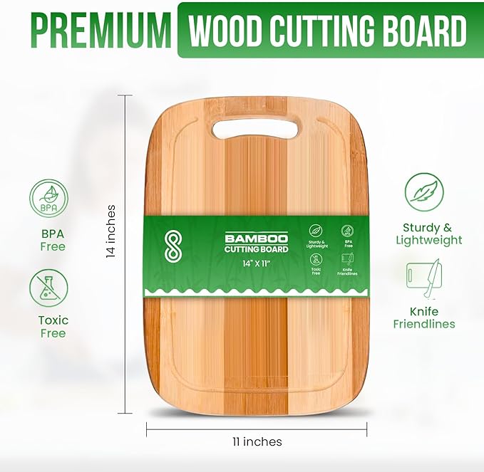 Wood Cutting Boards for Kitchen - Bamboo Cutting Board Cutting Boards with Juice Grooves Serving Board Thick Chopping Board for Meat Veggies Easy Grip | Pack of 1 (11 x 14 Inch)
