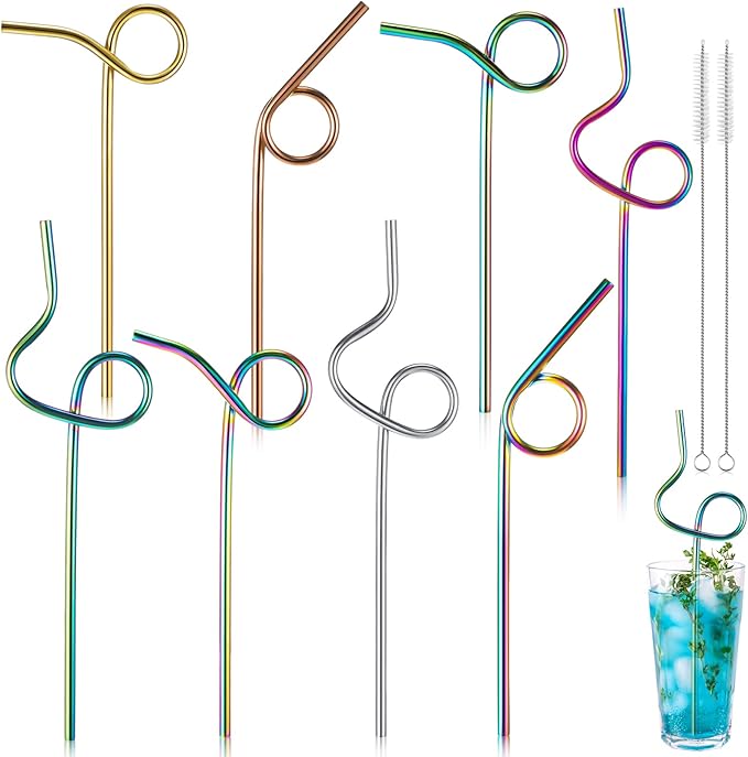 Gejoy 8 Pcs Reusable Stainless Steel Straw with Design Curved Silly Straws with 2 Cleaning Brushes Multicolor Metal Drinking tubes for Kids Adults Juice