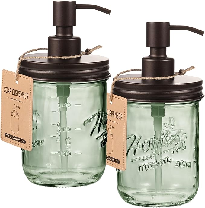 SheeChung 16Oz Mason Jar Green Glass Soap Dispenser, Stainless Steel Pump, Refillable Dish soap Dispenser for Kitchen, Bathroom Hand Soap Dispenser for Lotion, Liquid, Farmhouse Decor (Bronze, 2 Pack)