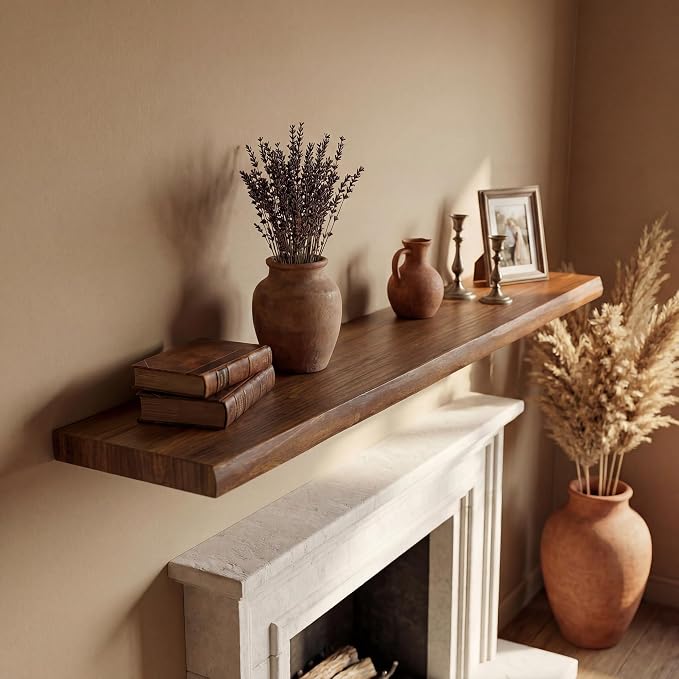 55" Live Edge Floating Shelf, Solid Elm Wood Wall Shelf | 1.4" Thick, 9.3" Deep, 50 lb Load Capacity, FSC Certified Solid Elm Display Shelf for Living Room, Bedroom, Kitchen & Office